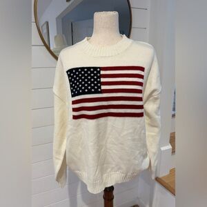 Women’s Cream Knit Patriotic American Flag Crewneck Sweater - Medium